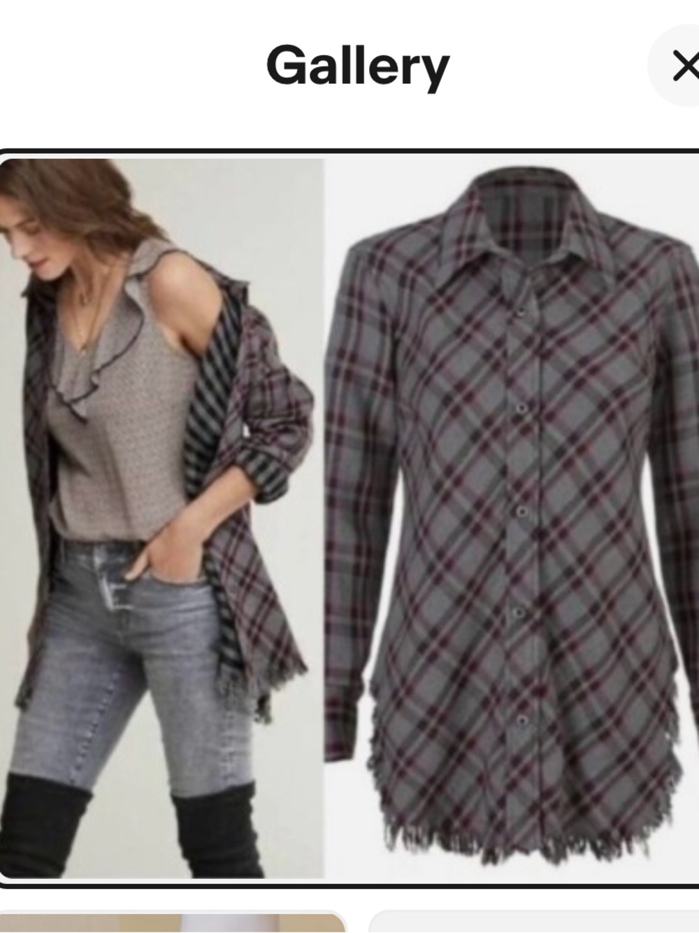 CAbi Womens Highland Flannel Plaid Shirt With Frayed Hem Size Medium Gray/Purple